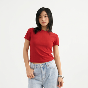 <b>Red</b> Short Sleeve <b>Crop</b> <b>Top</b> O-Neck Knitted Solid Color Casual Fit Women's T-Shirt - Product Image 4