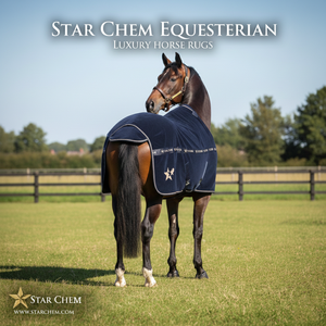 Manta para Caballo Azul Marino con Ribete Dorado, Marca Star Chem, Suave, Cómoda, Impermeable, para Doma, Uso en Todas las Estaciones, Elegante Ropa para Establos - Product Image 4