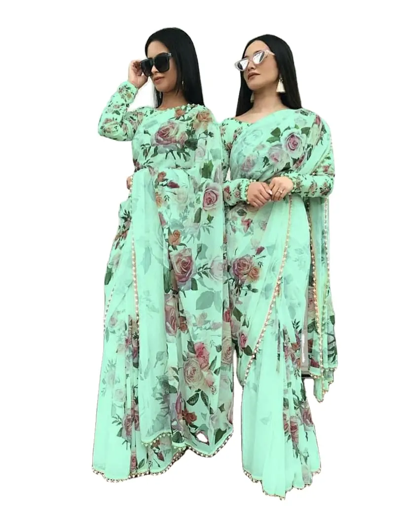 インドのパキスタンスタイルのデザイナー女性は花柄のデザインでジョーゼットサリーを着用しますブラウス付きバナラシシルクサリー