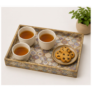Ensemble de 3 plateaux de service et de rangement rectangulaires uniques en bois de manguier, faits à la main, émaillés, avec motifs botaniques, très demandés - Product Image 1