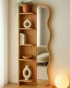 Miroir sur pied moderne ondulé pleine longueur avec cadre en bois, miroir décoratif autoportant pour la maison et la chambre - Product Image 2