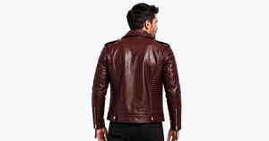 Blouson moto en cuir bordeaux pour homme avec fermeture éclair, coupe ajustée, col rabattable, style automne - Product Image 3
