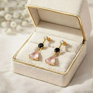 <b>Rose</b> Quartz & <b>Black</b> Obsidian Drop Earrings Trillion Cut <b>Rose</b> Quartz Round Faceted <b>Black</b> Obsidian Studs With CZ Accent Handmade - Product Image 1