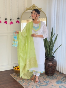 Latest Women's White Color Viscose Chanderi <b>Kurti</b> with Viscose Chanderi Pant Jacquard Silk With Dupatta Sets - Product Image 1
