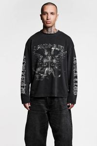 Black Long Sleeve T-Shirt <b>Men</b> Punk Style Oversized Cotton Knitted O-Neck Front Print Regular Fit Autumn Wear - Product Image 6