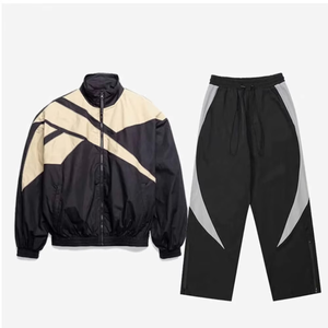 Custom Unisex Sweat suit Jogger Set 2-Piece <b>Patchwork</b> Windbreaker Plain Baggy Tracksuit for Men Hoodie and Shorts - Product Image 3