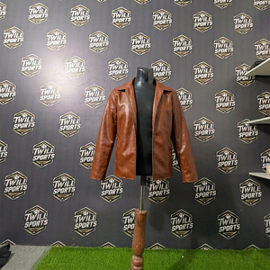 Men's Brown Genuine <b>Leather</b> <b>Jacket</b> Zipper Closure Casual <b>Winter</b> Wear Regular Fit Solid Color Front Logo Breathable Eco-Friendly - Product Image 4