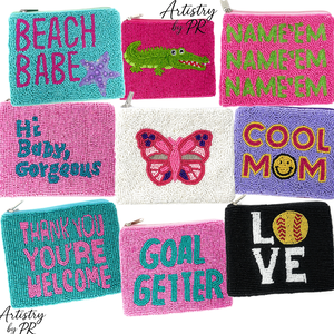 Monedero de tela de algodón bordado a mano con cuentas de semillas, cremallera, texto personalizado, patrón de animales y correa de cadena. - Product Image 4