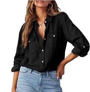 Camisas de Mezclilla Azul Oscuro Lisas, Corte Entallado, Largo Estándar y Cuello con Solapa, para Ropa de Trabajo, Camisas de Mezclilla para Mujer de Súper Calidad - Product Image 4