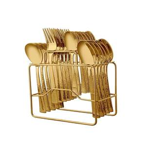 Impressa Hammered 24 PCS Stainless Steel Cutlery <b>Set</b> with Gold PVD Coating & Stand Premium <b>Dinnerware</b> <b>Set</b> - Product Image 2