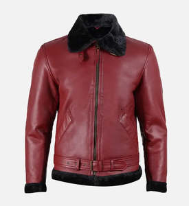 Luxury Burgundy Genuine Leather <b>Jacket</b> Men <b>Shearling</b> Fur Lined B3 Aviator <b>Bomber</b> Winter Coat Belted Windproof Sheepskin <b>Jacket</b> - Product Image 4