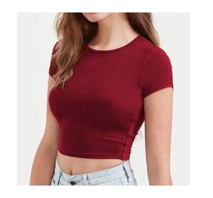 Camiseta de manga corta de Color sólido personalizada para mujer, Camiseta de algodón, Top CORTO BÁSICO PARA MUJER, venta al por mayor - Product Image 6