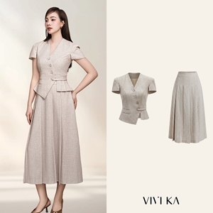 Women's Beige Solid Office Lady 2-Piece <b>Set</b> V-Neck Short Sleeve <b>Blazer</b> Top Pleated Midi Skirt All Seasons Outfit DYLAN - Product Image 1