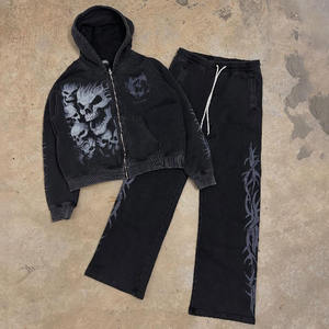 Custom Vintage Skull Solid Zip <b>Hoodie</b> Tracksuit Set <b>Lightweight</b> Cotton Blend Casual Men's Streetwear Logo Color Size Packing - Product Image 1