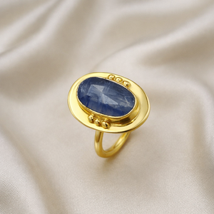 Anillo de Cianita Azul con Bola de Latón Plateado en Oro Rosa y Oro Amarillo, Joyería Artesanal con Gema Ovalada, Regalo - Product Image 4