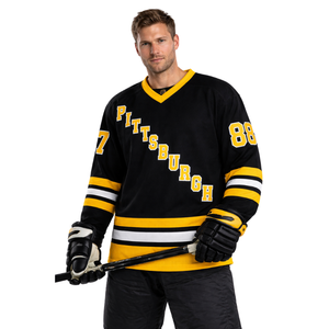 Camiseta de Hockey sobre Hielo Personalizada para Hombre, Negra y Dorada, Cuello en V, Manga Larga, Uniforme de Equipo en Blanco, Nombre y Número Sublimados, Camiseta de la Liga de Cerveza - Product Image 1