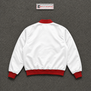 Blouson universitaire en satin blanc avec col, poignets et ceinture côtelés rouges – Blouson bomber brillant haut de gamme personnalisé pour hommes – Vente en gros - Product Image 6