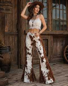 Pantalon évasé en cuir de vachette occidental à franges, pantalon cloche en cuir à poils, tenue de cowgirl pour le rodéo - Product Image 3