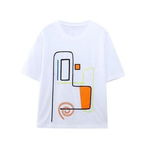 <b>Women's</b> <b>White</b> <b>Short</b> <b>Sleeve</b> T-<b>Shirt</b> Geometric Embroidery Crew Neck Loose Fit 100% Cotton Minimalist Style All Seasons - Product Image 1