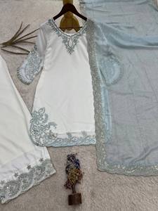 <b>White</b> Embroidered Kurta Pajama Set Cotton Slub Indian Pakistani <b>Top</b> and Pants Ethnic Wear for Women - Product Image 4