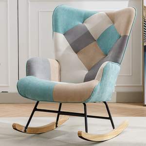Fauteuil à bascule patchwork confortable de 36,6 pouces avec accoudoirs et pieds en bois massif pour salon - Product Image 1