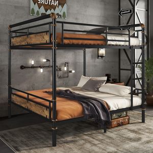 Letto a castello matrimoniale in metallo con sponde di sicurezza, stile industriale, letto separabile per ragazzi, nero - SKU W2580S00019 - Product Image 1