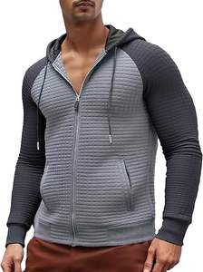 Sudadera con capucha a cuadros para hombre, con cierre de cremallera, ligera, de manga larga, con cordón ajustable, informal, deportiva, con bolsillo. - Product Image 2