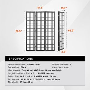 Paravento Pieghevole in Legno a 3 Pannelli Stile Giapponese, Divisorio Portatile per Interni, Schermo per Privacy e Decorazione Casa - Product Image 4