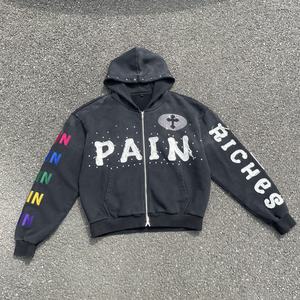 Rhinestone & Distress Applique Patches Streetwear Tracksuit Custom Logo Acid <b>Wash</b> Zip-up Hoodie & Trouser Sweat Suit for Men - Product Image 3