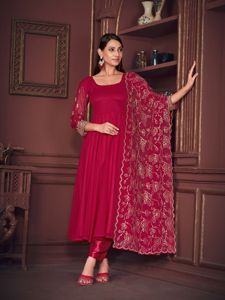 Ensemble Anarkali Rose de Luxe Premium pour Femme, Manches 3/4, en Santoon et Tulle, Semi-Couture, Extensible, Séchage Rapide, Idéal pour Fêtes et Mariages - Product Image 4