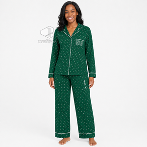 Iota Phi Lambda Sorority Women's <b>Green</b> Heart Print Pajama Set Button Front Long Sleeve Notched Collar Contrast Piping PJs - Product Image 5