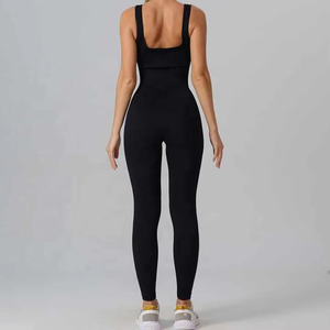 Combinaison de yoga une pièce pour femme, sans couture, col carré, taille haute, noire unie, extensible dans les quatre sens - Product Image 5