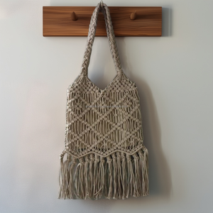 Sac fourre-tout en macramé de couleur unie tressé à la main en corde de coton solide conception à tissage ouvert fermeture à glissière ouvert macramé Shopping sacs fourre-tout - Product Image 2