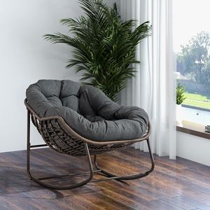 Outdoor Grey Rattan Rocking Recliner <b>Chair</b> with <b>Padded</b> Cushion for Porch Living Room Garden - Product Image 2