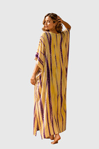 Kimono de mujer con cuello en V, amarillo y morado, con efecto tie-dye, manga tres cuartos, largo, para playa - Product Image 3