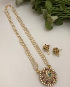 Adorable Juego de Collar Largo Clásico con Baño de Oro de Primera Calidad, Estilo Polki, con Aretes, para Bodas, Compromisos y Fiestas, para Mujer - Product Image 2