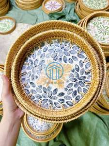 Exquisite Handmade Rattan Serving Tray with Iridescent Mother of Pearl Floral Inlay Refined Natural Woven <b>Frame</b> Sophisticated - Product Image 4
