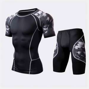 Men's Casual Summer 2pcs Set Breathable Knitted Rash Guard Short <b>Sleeve</b> Shirt and Solid <b>Compression</b> Shorts Sets - Product Image 1