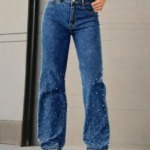 กางเกงยีนส์เดนิมผู้หญิงทรงสกินนี่และขาตรง แต่งมุกหรือประดับด้วยหมุด สไตล์ลำลองแบบดิสเทรส ราคาขายส่ง - Product Image 4
