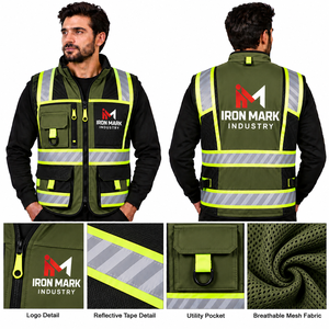 Gilet de sécurité unisexe haute visibilité en coton certifié CE, vert olive, vêtements de travail - Product Image 3