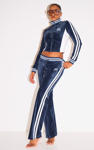 Custom Ladies Navy Velour Lounge Set Stripe Track Crop Jacket and <b>Flared</b> Wholesale Women's Hoodies & Sweatshirts Manufacturer - Product Image 4