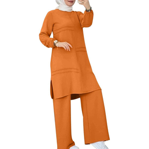 Traje islámico modesto para mujer, vestido asimétrico de manga larga color amarillo mostaza con bolsillos y pantalones de pierna ancha, conjunto de tela de algodón recta - Product Image 3