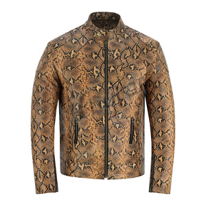 Blouson moto homme en cuir PU gaufré imprimé serpent, col montant, fermeture éclair, coupe ajustée, longueur standard, style automne - Product Image 1