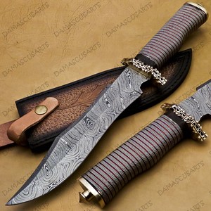 Cuchillo de caza DIY OEM de acero de Damasco con mango de acero inoxidable, espiga completa, hoja fija dentada, alta durabilidad para exteriores - Product Image 3