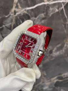 Reloj de pulsera Shrilike Jewel Iced personalizado con esfera cuadrada, números romanos, esfera roja, reloj de lujo para hombre, correa de cuero, caja de alta calidad - Product Image 2