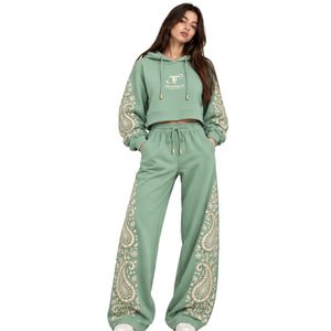 Mint Green Womens Paisley Print Crop Hoodie Wide Leg Pants Two Piece Tracksuit Casual Streetwear Loose Fit <b>Jogger</b> <b>Matching</b> <b>set</b> - Product Image 1