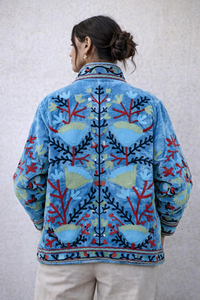Handcrafted Breathable Eco-Friendly Blue Velvet Quilted <b>Jacket</b> Heritage Floral Embroidery <b>Mandarin</b> <b>Collar</b> Ultra-Soft Luxurious - Product Image 4