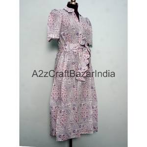 Vestido Midi de Algodón 100% Tejido a Mano en India, con Estampado Floral, Cuello en V, Mangas Cortas y Decoración de Botones, Nuevo Diseño Hermoso - Product Image 5