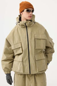 Unisex Corduroy Hooded Safari <b>Jacket</b> Set <b>Waterproof</b> Workwear Style <b>Winter</b> Thick Pockets Zipper Closure Solid Color Loose Fit - Product Image 3