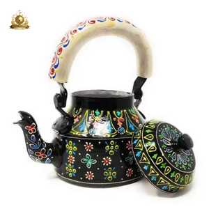 Hand Painted Colorful Metal <b>Teapot</b> Traditional Indian Folk Art Floral Bird Animal Motif Vibrant Red Handle Multicolor Lid - Product Image 6
